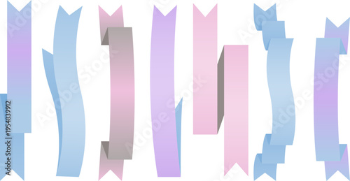 パステルカラーの細長いリボンと立体的な影付きリボンをまとめた見出しや装飾に使えるカラフルなリボン素材セットイラスト