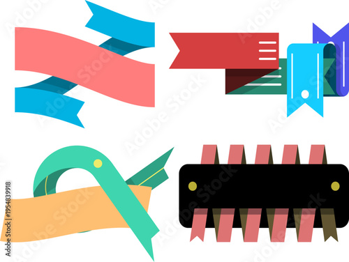 カラフルなリボンや見出しバナーや装飾パーツをまとめたポップで使いやすいフラットデザインの装飾素材セットイラスト