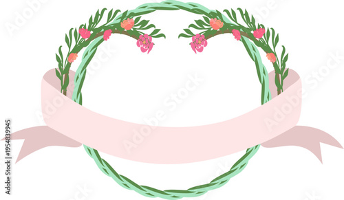 手描き風の可愛い花と葉っぱのリースに柔らかいリボンを組み合わせたナチュラルで優しい雰囲気のフレーム装飾イラスト素材