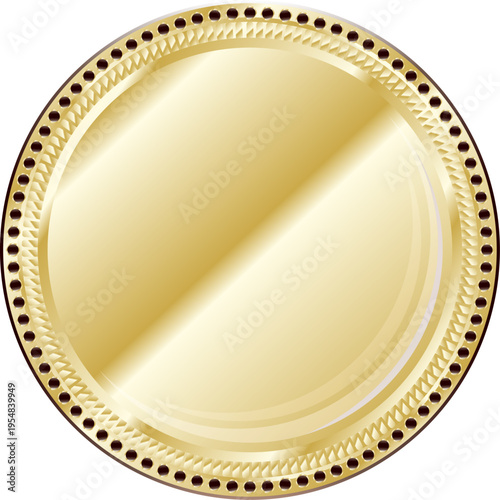 光沢のあるゴールドメタル質感と細かな装飾縁取りが特徴の高級円形プレートデザイン、ラベルやロゴ配置に最適なラグジュアリーフレーム素材