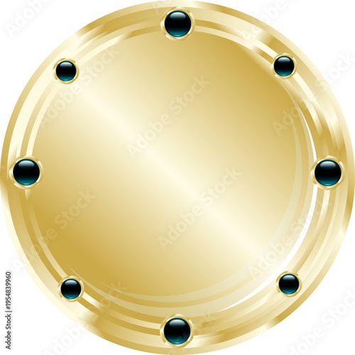 光沢のあるゴールドプレートに装飾ビスが配置された重厚感ある円形バッジデザイン、メタリックで高級感のあるラベル素材