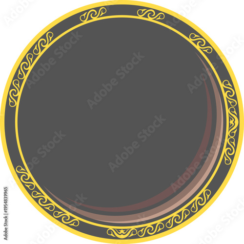 クラシカルな装飾模様が施されたゴールドフレームの円形デザイン、中央にテキストやロゴを配置できるエレガントな装飾枠素材