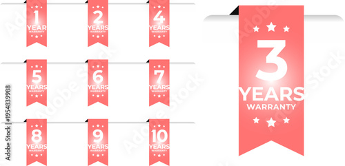 1年から10年までの年数別保証ラベルが並ぶシンプルで視認性の高い赤色リボンバナーセット、ECサイトや商品パッケージに最適な長期保証アイコン素材