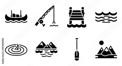 Outdoor Recreation Icons: Canoe, Fishing, Dock, Waves, Campfire, Mountains, Paddle, Sun