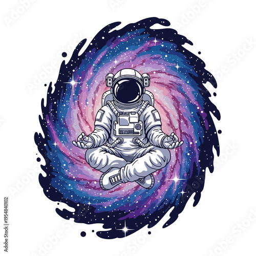 Astronaut meditating in a vibrant galaxy, outer space yoga and peace