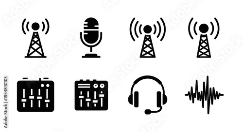 Radio broadcast icons: antenna, microphone, mixer, headphones, sound wave