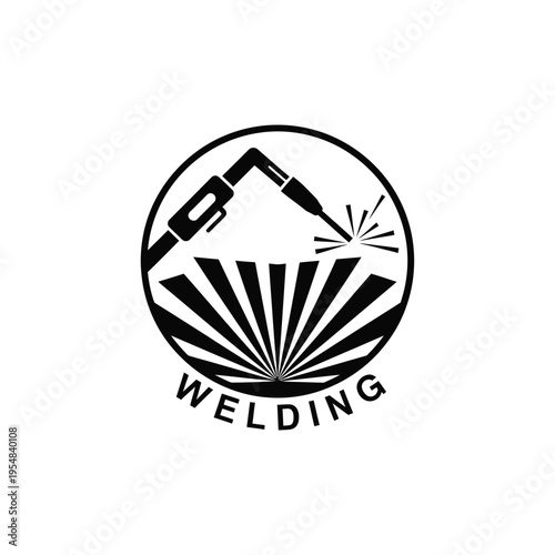 A striking black and white circular logo features a welding torch emitting sparks with the word welding below