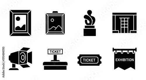 Art Gallery Exhibition Icons: Painting, Sculpture, Ticket, Spotlight, Building
