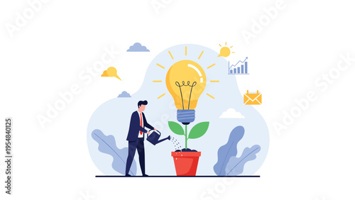Creative businessman watering a plant that is growing a large glowing lightbulb, representing the cultivation of new ideas.