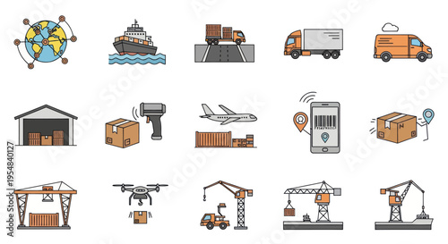 Diverse Logistics and Shipping Icons Representing Global Supply Chain Operations.
