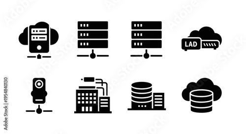 Server Icons Set: Cloud, Rackmount, Database, Network, Camera, Data Center