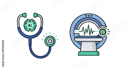 Artificial Intelligence in Healthcare: Stethoscope with Brain and MRI Scan Icons.