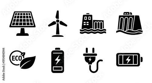 Renewable Energy Icons: Solar, Wind, Hydro, Battery, Eco Leaf, Plug