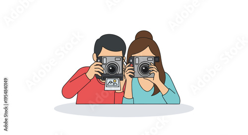 Two People Taking Pictures with Vintage Cameras Red and Blue Clothing Illustration.