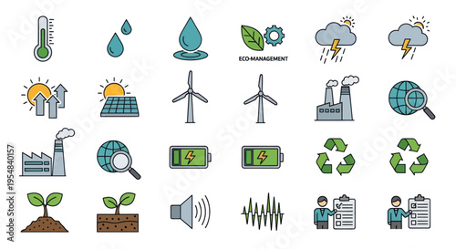 Colorful Eco-Friendly Icons Representing Environmental Sustainability and Renewable Energy.