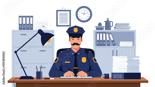 Police officer with a classic mustache sitting at his desk in a police station office surrounded by files and paperwork.