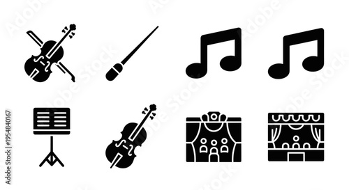 Orchestra and Music Icons: Violin, Conductor, Notes, Stage, Music Stand