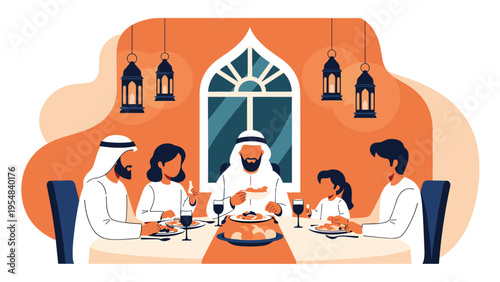 Muslim family gathering around a dinner table to enjoy a traditional meal during a religious celebration or community event.