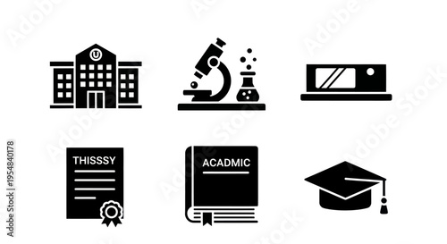 Education Icons Set: University, Microscope, Diploma, Book, Graduation Cap, Microwave