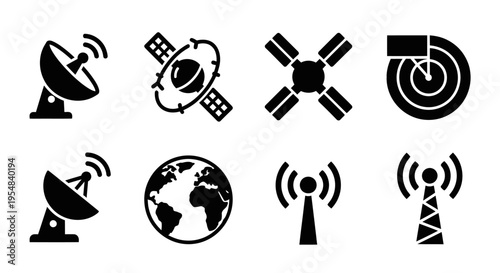 Satellite and Communication Icons: Global Network, Radar, Antennae, Earth