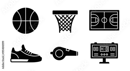 Basketball Icons: Ball, Hoop, Court, Shoe, Whistle, Scoreboard - Set