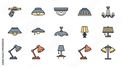 Diverse set of colorful lamp and lighting fixture icons including ceiling table and desk lights.