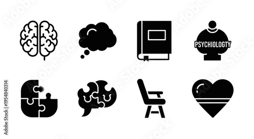 Psychology Icons: Brain, Puzzle, Book, Chair, Heart, Thought Bubble