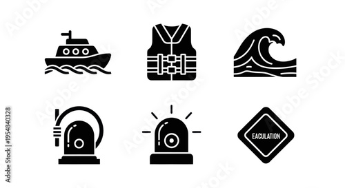Nautical Safety and Emergency Icons: Boat, Life Vest, Wave, Siren, Hose, Warning Sign