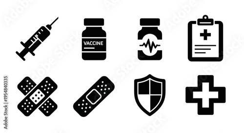 Medical Icons Set: Syringe, Vaccine, Heartbeat, Clipboard, Bandages, Shield, Cross