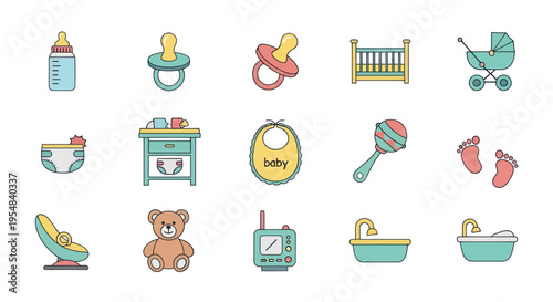 Collection of Flat Icons Representing Baby Care Items and Essentials.