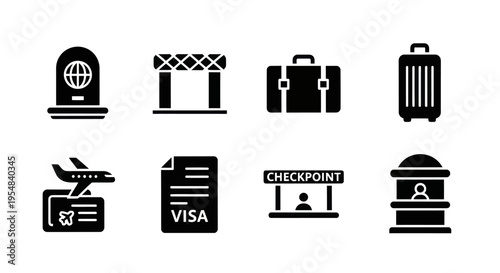 Airport Icons: Passport, Luggage, Visa, Checkpoint, Boarding Pass, Travel