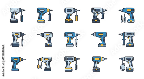 Set of diverse electric cordless power drills and screwdrivers.