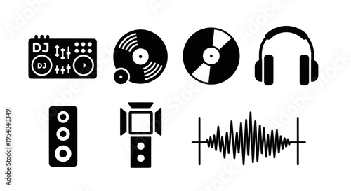 Dj equipment, vinyl records, headphones, speaker, light, sound wave icons set