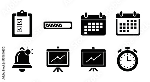 Business Icons: Checklist, Progress Bar, Calendar, Bell, Presentation, Stopwatch