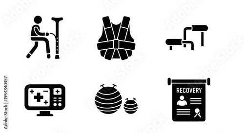 Medical Rehabilitation Icons: Patient, Vest, Machine, Monitor, Balls, Recovery Plan