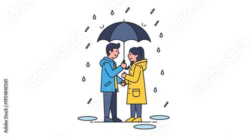 Couple Sharing Umbrella in Rain: Man and Woman Together in Bad Weather.