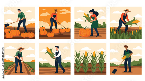 Collection of agricultural scenes featuring diverse farmers harvesting pumpkins and corn in fields during the autumn season.