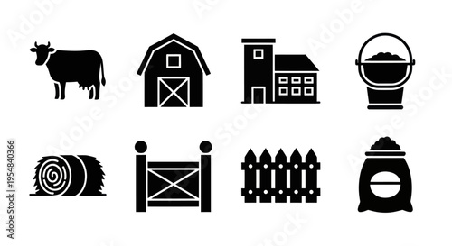 Farm Icons: Cow, Barn, Silo, Hay Bale, Fence, Bucket, Bag
