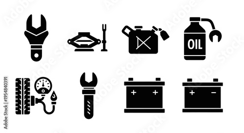 Car Repair and Maintenance Icons: Tools, Battery, Oil, Tire Pressure