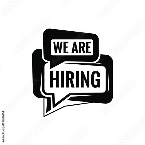 A black and white graphic announces a company is actively recruiting with a bold we are hiring message