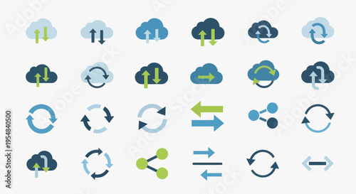 Set of colorful flat vector icons representing cloud storage data sync sharing and refresh actions.