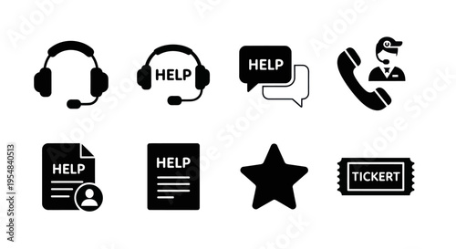 Customer Support Icons: Helpdesk, Headset, Chat, Phone, Ticket, Star