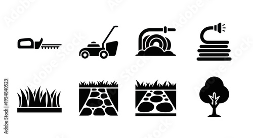 Gardening Icons Set: Lawn Mower, Hedge Trimmer, Hose, Grass, Path, Tree