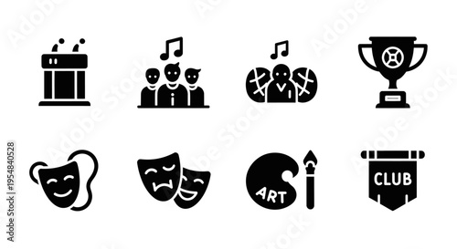 Set of icons representing hobbies, clubs, and activities