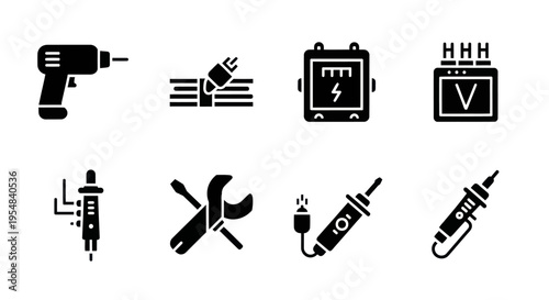 Electrical and Mechanical Tools Icons Set: Drill, Wires, Meter, Soldering Iron, Wrench
