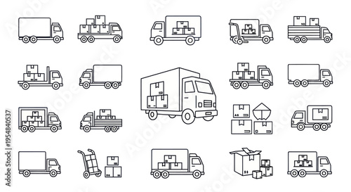 Hand-drawn logistics and shipping icon collection with various trucks and packages.