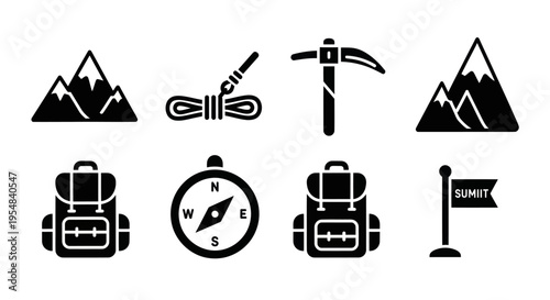 Mountain climbing gear icons: backpack, compass, ice axe, rope, flag, mountains
