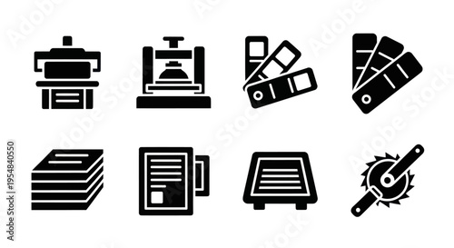 Printing Press Icons: Offset Machine, Stacked Paper, Color Swatches, Saw