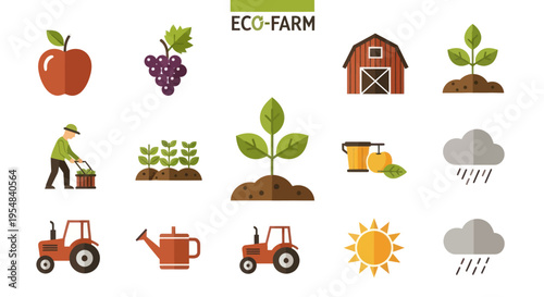 Flat design eco-farm and agriculture icons set with fruits tools and weather elements.