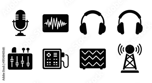 Audio Recording Equipment Icons: Microphone, Waveform, Headphones, Mixer, Recorder, Speaker, Antenna